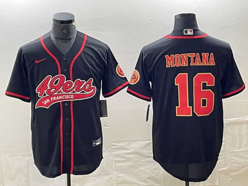 Mens San Francisco 49ers #16 Joe Montana Black Red With Patch Cool Base Stitched Baseball Jersey